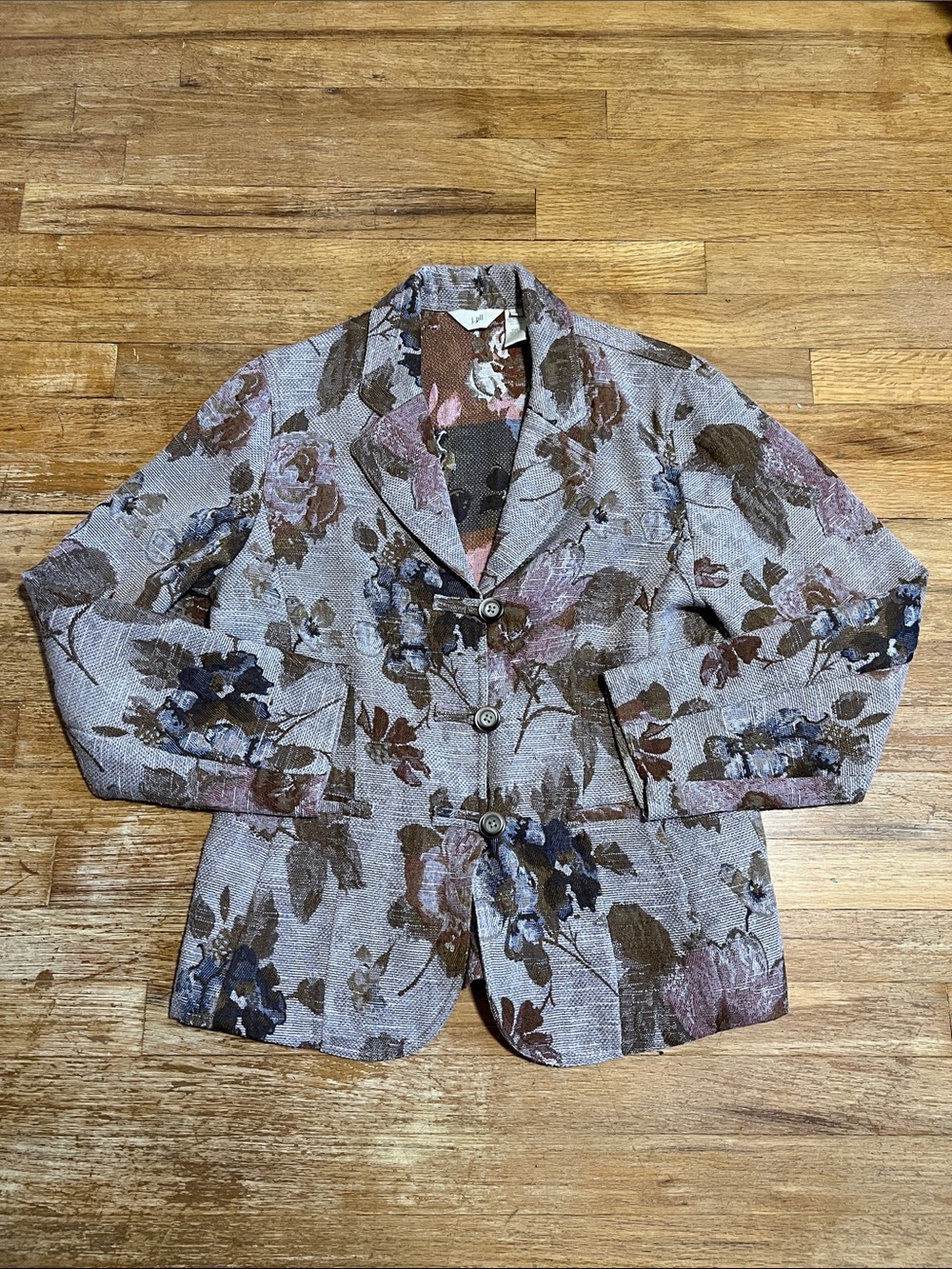 Vintage J. Jill Tapestry Floral Blazer Jacquard Gray Rose Button size 10